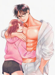 1boy 1girl abs black-framed_eyewear black_hair black_shorts glasses hand_in_pocket hetero highres hood hood_down hoodie hug lipstick long_hair long_sleeves looking_at_viewer makeup muscular muscular_male open_clothes open_shirt original pants pectorals pink_eyes pink_hoodie shirt short_hair short_shorts shorts simple_background ueno_haruki white_background white_pants white_shirt