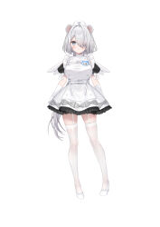 1girl angel_wings animal_ears arms_at_sides blue_eyes blush bow breasts buttons closed_mouth commentary_request double-breasted dress dress_bow frilled_dress frills full_body garter_straps gloves grey_bow grey_hair haiba_09 hair_over_one_eye hat high_heels highres itachi_shiro large_breasts long_hair looking_at_viewer low_ponytail nurse nurse_cap one_eye_covered original paid_reward_available ponytail puffy_short_sleeves puffy_sleeves shoes short_sleeves simple_background sleeve_bow smile solo standing thighhighs very_long_hair weasel_ears weasel_girl white_background white_bow white_dress white_gloves white_shoes white_thighhighs wings zettai_ryouiki