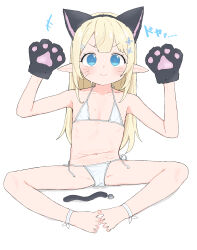 1girl absurdres anal_beads anal_tail animal_ears animal_hands barefoot bikini blonde_hair blue_eyes butt_plug fake_tail feet flat_chest highres loli original pointy_ears side-tie_bikini_bottom solo swimsuit tail toes white_bikini youyoukai