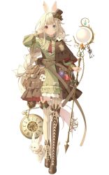 1girl absurdres ace_(playing_card) ace_of_clubs ace_of_hearts amai_melo animal_ear_fluff animal_ears asymmetrical_footwear asymmetrical_legwear blush book boots bow brown_boots brown_hat brown_jacket card club_(shape) commentary dress frilled_dress frills full_body green_dress green_eyes hair_bow hat heart heterochromia highres holding holding_staff jacket lace-up_boots long_braid long_hair long_sleeves looking_at_viewer open_clothes open_jacket original pantyhose parted_lips playing_card pocket_watch rabbit rabbit_ears red_eyes simple_background single_leg_pantyhose single_thighhigh solo staff standing striped_clothes striped_pantyhose striped_thighhighs symbol-only_commentary thigh_boots thighhighs uneven_footwear uneven_legwear watch white_background white_bow white_hair white_pantyhose white_thighhighs