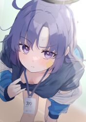 1girl black_halo black_shirt blue_archive blush collar_tug commentary_request downblouse gym_shirt gym_uniform halo highres id_card jacket jacket_partially_removed lanyard leaning_forward looking_at_viewer mechanical_halo official_alternate_costume purple_eyes purple_hair raised_eyebrow shirt solo star_sticker sticker_on_face sweat yusuka_yuu yuuka_(blue_archive) yuuka_(track)_(blue_archive)