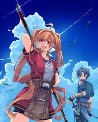 1boy 1girl absurdres ahoge antenna_hair armor bike_shorts blue_hair blue_sky breasts brown_hair cloud commentary cropped_jacket curtained_hair double-parted_bangs eiyuu_densetsu english_commentary estelle_bright fingerless_gloves flying_grass gleam gloves hair_between_eyes hair_intakes high_collar highres holding holding_staff holding_weapon joshua_bright long_hair looking_at_viewer outdoors pauldrons red_eyes short_hair short_sleeves shorts shoulder_armor single_pauldron skirt sky small_breasts smile sora_no_kiseki staff sword twintails very_long_hair weapon wind yellow_eyes yuzukiyo