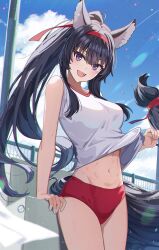 1girl :d absurdres ahoge animal_ear_fluff animal_ears black_hair blue_sky blush breasts buruma clothes_lift cloud cowboy_shot day delta_(kage_no_jitsuryokusha_ni_naritakute!) groin hair_between_eyes hairband high_ponytail highres holding kage_no_jitsuryokusha_ni_naritakute! large_breasts long_hair looking_at_viewer matsumoto_yuu midriff navel open_mouth outdoors ponytail red_buruma red_hairband ribbon shirt sidelocks sky smile solo standing stomach tail thighs very_long_hair white_shirt