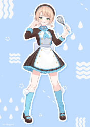 1girl :q artist_name back_bow beret blonde_hair blue_neckerchief blue_socks blunt_bangs border bow brown_dress brown_hat brown_shoes buttons commentary double-breasted dress food food_on_face frilled_dress frills full_body green_eyes hair_ornament hands_up hat highres holding holding_whisk indie_virtual_youtuber kneehighs large_bow looking_at_viewer low_twintails mary_janes neckerchief pom_pom_(clothes) pom_pom_hair_ornament self-portrait shigure_ui shigure_ui_(vtuber) shoes short_hair short_twintails socks solo swept_bangs symbol-only_commentary three-quarter_sleeves tongue tongue_out twintails virtual_youtuber whisk white_border white_bow