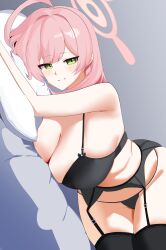 1girl alternate_costume blue_archive breasts cleavage garter_belt garter_straps green_eyes grey_background halo hanako_(blue_archive) hideinroom highres lying on_side pink_hair pink_halo plump solo