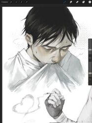 Rule 34 | 1boy, art program in frame, ben-day dots, black gloves, black hair, blush, cigarette, closed eyes, clothes in mouth, cry of fear, fingerless gloves, gloves, heart, highres, holding, holding cigarette, male focus, messy hair, mouth hold, screentones, self-harm scar, shirt, shirt in mouth, simon henriksson, sketch, smoke, smoking, solo, sweatdrop, tomtit bird, upper body, white background, white shirt