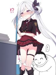 !? 1boy 1girl arrow_(symbol) assisted_exposure blue_archive blush broom cleft_of_venus closed_mouth cowboy_shot doodle_sensei_(blue_archive) frilled_skirt frills furrowed_brow high-waist_skirt highres holding holding_broom long_hair mutsuki_(blue_archive) nervous_smile pad_sex_cyclops panties panty_pull pervert pink_eyes pulling_another&#039;s_clothes pussy red_skirt school_uniform sensei_(blue_archive) side_ponytail simple_background skirt smile speech_bubble surprised teardrop tearing_up thigh_strap translation_request underwear white_background white_hair white_panties