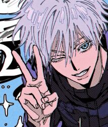 1boy black_jacket blue_eyes colored_eyelashes gojou_satoru grin jacket jujutsu_kaisen male_focus one_eye_closed portrait rose_00291 short_hair smile solo v white_hair