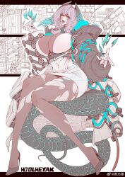 1girl absurdres aqua_eyes aqua_feathers aqua_wings arknights arm_at_side artist_name asymmetrical_sleeves belt belt_around_waist between_breasts black_belt black_border black_feathers black_hood black_pantyhose black_scales black_sleeves black_tail black_wings border breasts character_name chinese_commentary clenched_hand clothing_cutout coat covered_navel crescent_moon curvy dated double-parted_bangs dress eyebrows_hidden_by_hair fangs feathered_wings feathers fingerless_gloves fingernails full_body gloves gradient_feathers gradient_wings grey_hair hair_between_eyes halter_dress halterneck hands_up head_tilt head_wings high_heels highres ho&#039;olheyak_(arknights) hood hooded_coat huge_breasts infection_monitor_(arknights) jun_wu_mo letterboxed long_coat long_fingernails long_legs long_sleeves looking_at_viewer mature_female medium_hair mismatched_sleeves moon multicolored_coat multicolored_wings nail_polish no_ears nose open_clothes open_coat open_hand open_mouth pale_skin pantyhose pencil_dress prehensile_tail raised_eyebrows red_lips saliva see-through_cleavage see-through_clothes sharp_fingernails short_dress sidelocks simple_background sitting sitting_on_own_tail skindentation snake_girl snake_tail solo strap_between_breasts tail tail_through_clothes teeth thick_thighs thighs torn_clothes torn_pantyhose two-tone_coat two-tone_feathers two-tone_sleeves two-tone_wings very_long_tail watermark wavy_hair weibo_username weibo_watermark white_background white_coat white_dress white_gloves white_nails white_sleeves wings