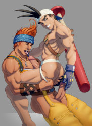 Rule 34 | 00s, 2boys, ass, ass grab, bara, baseball bat, brown hair, crossover, cum, cum in mouth, ejaculation, erection, final fantasy, final fantasy x, hat, justice gakuen, male focus, multiple boys, muscular, open mouth, orange hair, penis, pubic hair, sawamura shouma, short hair, size difference, smile, wakka, yaoi