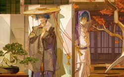 2boys black_kimono blue_hair bonsai closed_mouth dual_persona genshin_impact hat highres holding holding_paper japanese_clothes jewelry kimono kuronushi_(genshin_impact) leaf lic_617 long_sleeves male_focus multiple_boys necklace paper plant purple_veil scaramouche_(genshin_impact) scaramouche_(kabukimono)_(genshin_impact) tree veil wide_sleeves