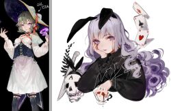 2girls animal_ear_hairband animal_ears black_leggings black_shirt breasts card corset dress facial_mark fake_animal_ears green_hair hairband hand_on_own_chin hat heart heart_facial_mark highres knife leggings looking_at_viewer multiple_girls original parody playing_card purple_eyes purple_hair rabbit_ear_hairband rabbit_ears reference_inset shirt short_hair skull smile style_parody wavy_hair white_dress yoimon