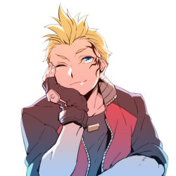 1boy blonde_hair blue_eyes closed_mouth facial_tattoo final_fantasy final_fantasy_viii fingerless_gloves gloves jacket male_focus one_eye_closed simple_background smile solo tattoo tetsukuzu_tetsuko white_background zell_dincht