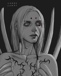 1boy bad_tag bare_shoulders black_eyeshadow braid collarbone dark_background dark_circles_under_eyes eyeshadow face_mark facial_mark forehead_mark greyscale highres kaguya_kimimaro long_hair looking_to_the_side makeup monochrome naruto_(series) portrait realistic red_eyes rib_bones sierra_overby signature sketch solemnox solo tattoo upper_body white_hair