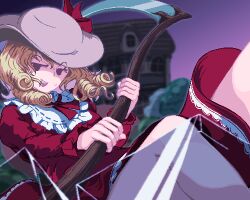 Rule 34 | 1girl, blonde hair, bow, curly hair, dress, elly (touhou), hat, holding, holding scythe, jitome, long sleeves, lotus land story, medium hair, meme, mugenkan, nukekip, open mouth, pixel art, puffy long sleeves, puffy sleeves, red dress, ribbon, scythe, touhou, touhou (pc-98)
