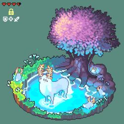 animated animated_gif antlers artist_name blupee drinking flower gameplay_mechanics glowing grass green_background health_bar heart highres horns lord_of_the_mountain nintendo no_humans pixel_heart pixel_jess plant pond rock simple_background sparkle the_legend_of_zelda the_legend_of_zelda:_breath_of_the_wild tree water yellow_eyes