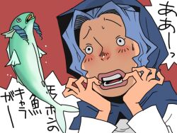 1girl black_eyes blue_hair blush commentary_request fish hands_up kumoi_ichirin lips onikobe_rin open_mouth shirt short_hair solo touhou translation_request upper_body wakasagihime wakasagihime_(fish) white_shirt
