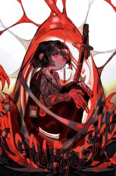 1girl black_coat black_hair black_pants bngb_love bob_cut character_name cigarette coat coat_on_shoulders deformed full_body highres limbus_company long_sleeves looking_at_viewer pants project_moon red_eyes ryoshu_(project_moon) shirt short_hair simple_background sitting solo sword weapon white_background white_shirt