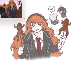 1girl 3girls black_jacket black_vest brown_hairband collared_shirt faust_(project_moon) freckles hairband highres ishmael_(project_moon) jacket lapels limbus_company long_hair multiple_girls necktie notched_lapels ohzv open_mouth orange_hair outis_(project_moon) project_moon red_necktie rope shirt sidelocks skewer smile solo_focus very_long_hair vest white_shirt
