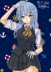 1girl anchor artist_name black_skirt black_vest blue_background blue_eyes blue_hair boat collared_shirt cowboy_shot dated dress_shirt gloves hatsukaze_(kancolle) highres hisamatomoki kantai_collection long_hair one-hour_drawing_challenge pleated_skirt ribbon sailboat ship&#039;s_wheel shirt skirt solo vest watercraft white_gloves white_shirt yellow_ribbon