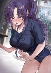 1girl black_shirt blue_archive blue_buruma blush breasts breath buruma highres lanyard looking_ahead medium_breasts official_alternate_costume ponytail purple_eyes purple_hair saya_(mychristian2) shirt solo sweat yuuka_(blue_archive) yuuka_(track)_(blue_archive)