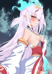 1girl absurdres bare_shoulders blue_fire blush bow breasts detached_sleeves duel_monster fiery_horns fire flaming_horns hair_between_eyes hair_ornament highres horns japanese_clothes kimono kimono_pull kurikara_divincarnate long_hair long_sleeves oldsickkim red_eyes sideboob sleeveless sleeveless_kimono small_breasts solo white_hair wide_sleeves yu-gi-oh!