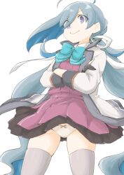 1girl ahoge akara_kai aqua_bow aqua_bowtie black_gloves bow bowtie coat cowboy_shot crossed_arms dress gloves grey_coat grey_eyes grey_hair grey_thighhighs hair_between_eyes halter_dress halterneck highres kantai_collection kiyoshimo_(kancolle) kiyoshimo_kai_ni_(kancolle) long_hair looking_at_viewer low_twintails purple_dress ribbon smile solo thighhighs twintails very_long_hair white_background
