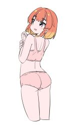 1girl ass bob_cut bra braid cropped_legs etorofu_(kancolle) from_behind gradient_hair kantai_collection multicolored_hair orange_hair panties pink_bra pink_panties purple_eyes short_hair simple_background solo tamu_(mad_works) training_bra twin_braids underwear underwear_only white_background