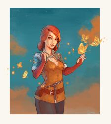 Rule 34 | 1girl, absurdres, allyedfrown, belt, blue sky, border, bridal gauntlets, brown belt, brown pants, bug, butterfly, cloud, green eyes, highres, insect, looking at viewer, outside border, pants, red bridal gauntlets, red hair, sky, solo, the witcher (series), the witcher 3, triss merigold, white border, yellow butterfly
