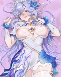 Rule 34 | 1girl, artist name, blue eyes, blue flower, blue gemstone, breasts, breasts apart, breasts out, cantarella (wuthering waves), commentary, commission, cum, cum on body, cum on breasts, cum on clothes, cum on upper body, detectiveneko, dress, earrings, english commentary, facial, flower, gem, hair between eyes, hair flower, hair ornament, hands up, heart, heart in eye, highres, jewelry, large breasts, licking lips, long hair, looking at viewer, lying, mole, mole under eye, nail polish, nipples, on back, open mouth, purple background, purple hair, purple nails, simple background, smile, solo, symbol in eye, teardrop earrings, tongue, tongue out, white dress, wuthering waves