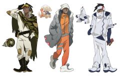 1boy adjusting_goggles arm_up beanie black_footwear black_gloves boots cloak closed_mouth coat dark-skinned_male dark_skin duraludon gen_3_pokemon gen_8_pokemon gloves grey_coat hat headband highres holding long_sleeves male_focus molymes nintendo open_clothes open_coat pants pokemon pokemon_swsh raihan_(pokemon) sandaconda shirt shoes smile standing torkoal white_background white_hat white_headband zipper_pull_tab
