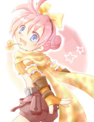 1girl 2000s_(style) :d alternate_color belt blue_eyes blush bow breasts brown_belt brown_shorts commentary_request cowboy_shot double_bun elbow_gloves fingerless_gloves flower flower_in_mouth gloves hair_bow hair_bun looking_at_viewer looking_back lowres midriff open_mouth orange_gloves orange_tube_top pink_hair ragnarok_online ranger_(ragnarok_online) scarf short_hair shorts small_breasts smile solo star_(symbol) strapless suni_(pixiv401818) tube_top white_background yellow_bow yellow_scarf