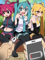Rule 34 | 3girls, @ @, absurdres, ahoge, akita neru, android, aqua eyes, aqua hair, aqua necktie, bare shoulders, battery indicator, belly, black skirt, black sleeves, black thighhighs, blonde hair, blue shirt, blue skirt, blush, bongfill, breasts, cable, detached sleeves, drill hair, electric plug, hair between eyes, hair ornament, hatsune miku, highres, holding, holding cable, holding phone, kasane teto, long hair, looking to the side, medium breasts, midriff, multiple girls, navel, necktie, open mouth, phone, pov, red eyes, red hair, shirt, side ponytail, sitting, skirt, tears, thighhighs, twin drills, twintails, usb cable, utau, very long hair, vocaloid, white shirt, wide sleeves, yellow eyes, yellow necktie