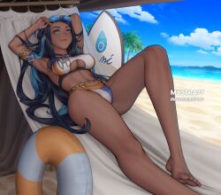 1girl adapted_costume aqua_eyes armlet artist_name barefoot beach belly_chain bikini blue_eyeshadow blue_sky breasts closed_mouth cloud commentary dark-skinned_female dark_skin day english_commentary eyelashes eyeshadow feet foot_out_of_frame goggles goggles_on_head hammock innertube jewelry knee_up knees legs looking_at_viewer lying makeup medium_breasts mystra77 navel nessa_(pokemon) nintendo on_back on_hammock outdoors palm_tree patreon_logo patreon_username pokemon pokemon_swsh sand sky smile solo swim_ring swimsuit toenails toes tree underboob water watermark web_address