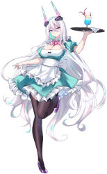 Rule 34 | 1girl, alternate costume, apron, aqua dress, azur lane, black thighhighs, blue pupils, blush, bow, breasts, cherry, cleavage, closed mouth, collar, colored inner hair, commentary request, crazy straw, cup, dot mouth, dress, drinking glass, drinking straw, enmaided, food, frilled apron, frilled dress, frills, fruit, full body, hair between eyes, hair intakes, hand up, headgear, heart straw, high heels, highres, holding, holding tray, kearsarge (azur lane), large breasts, long hair, looking at viewer, maid, maid apron, multicolored hair, pink bow, pink eyes, purple shoes, rubisco, shared straw, shoes, simple background, solo, standing, standing on one leg, thighhighs, tray, very long hair, white apron, white background, white collar, white hair