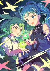 Rule 34 | 2girls, :d, animal ears, bare shoulders, black shirt, black skirt, black thighhighs, blue hair, blue jacket, blush, braid, braided hair rings, commentary request, cowboy shot, glowing, green hair, green shorts, hair rings, hatsune miku, highres, jacket, kani 2hiki, long hair, magical mirai (vocaloid), magical mirai miku, magical mirai miku (2025), multiple girls, neck ribbon, off shoulder, open clothes, open jacket, open mouth, pink ribbon, pleated skirt, ribbon, shirt, short sleeves, shorts, skirt, sleeveless, sleeveless shirt, smile, star (symbol), suspender shorts, suspenders, thighhighs, twintails, vocaloid, voicevox, white shirt, zundamon