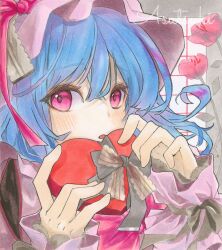 1girl artist_name asatsuki_no_e blue_hair blush box collared_shirt commentary_request flower frilled_shirt_collar frills hair_between_eyes hat hat_ribbon heart heart-shaped_box highres holding holding_heart looking_at_viewer marker_(medium) mob_cap open_mouth pink_hat pink_shirt puffy_short_sleeves puffy_sleeves red_eyes red_ribbon remilia_scarlet ribbon rose shirt short_hair short_sleeves signature solo touhou traditional_media wrist_cuffs