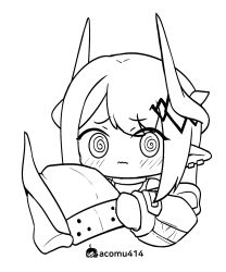 1girl @_@ acomu414 arknights artist_name blush chibi closed_mouth cropped_torso ear_piercing greyscale helm helmet highres holding holding_helmet horns jumpsuit long_hair long_sleeves looking_at_viewer monochrome mudrock_(arknights) piercing pointy_ears puffy_long_sleeves puffy_sleeves simple_background solo unworn_headwear unworn_helmet upper_body wavy_mouth white_background