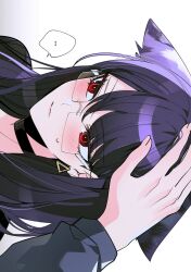 Rule 34 | ..., 1girl, 1other, animal ears, black choker, blush, choker, earrings, eyelashes, glasses, hair between eyes, hand on another&#039;s head, headpat, highres, jewelry, kemonomimi mode, long hair, long sleeves, palme310, purple hair, red eyes, shizuhara hiruko, sideways, simple background, solo focus, spoken ellipsis, the hundred line -last defense academy-, triangle earrings