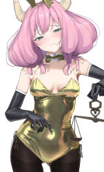 1girl alternate_costume aura_(sousou_no_frieren) bare_shoulders black_gloves black_pantyhose blush bow bowtie breasts closed_mouth cowboy_shot demon_horns detached_collar elbow_gloves embarrassed furrowed_brow gloves gold_bowtie gold_leotard grey_eyes head_tilt highres holding_scale horns leotard looking_at_viewer medium_breasts medium_hair meme mitsuru_(uramitsuru1206) pantyhose pink_hair playboy_bunny quad_braids simple_background solo sousou_no_frieren strapless strapless_leotard sweatdrop tears weighing_scale white_background