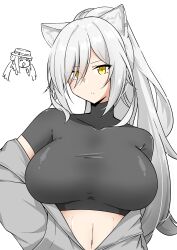 2girls absurdres animal_ears arknights black_shirt breasts ceylon_(arknights) chibi chibi_inset closed_mouth commentary_request crop_top cropped_shirt eyes_visible_through_hair grey_jacket hair_over_one_eye hand_in_pocket highres jacket large_breasts long_hair looking_at_viewer multiple_girls navel off_shoulder partial_commentary revision schwarz_(arknights) shirt short_sleeves simple_background solo t-shirt upper_body white_background white_hair xibu_cai yellow_eyes score:0 rating:sensitive Rule 34 | 2girls, absurdres, animal ears, arknights, black shirt, breasts, ceylon (arknights), chibi, chibi inset, closed mouth, commentary request, crop top, cropped shirt, eyes visible through hair, grey jacket, hair over one eye, hand in pocket, highres, jacket, large breasts, long hair, looking at viewer, multiple girls, navel, off shoulder, partial commentary, revision, schwarz (arknights), shirt, short sleeves, simple background, solo, t-shirt, upper body, white background, white hair, xibu cai, yellow eyes
