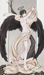 1boy abs absurdres alternate_costume angel angel_wings anklet arm_up armlet bare_tree barefoot black_hair black_halo black_wings bracelet chain cheng_xiaoshi cheng_xiaoshi_(angel) convenient_censoring cross cross_necklace dsarl995595 ear_piercing earrings feathered_wings full_body halo highres holding holding_unworn_clothes jewelry looking_at_viewer male_focus multiple_wings navel necklace nude open_mouth pectorals piercing ponytail revealing_clothes ring shiguang_dailiren short_hair short_ponytail solo standing thighlet toned toned_male traditional_halo tree wings yellow_eyes