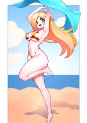 1girl armpits arms_up bare_shoulders bikini blonde_hair blue_eyes blush breasts gold_bikini hair_over_one_eye highres jaxdrawz large_breasts legs long_hair looking_at_viewer mario_(series) midriff nintendo open_mouth rosalina smile solo stomach swimsuit thighs
