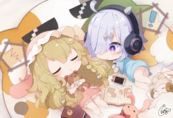 ! +_+ 2girls :&lt; ahoge bare_legs bare_shoulders barefoot beni_shake blue_shirt blush book braid brown_hair cellphone chibi closed_eyes commentary_request cube_hair_ornament drooling eliisa_(mahjong_soul) fake_horns frilled_shorts frills hair_ornament hair_over_one_eye headphones horns long_hair lying mahjong_soul multiple_girls hugging_object on_back on_side open_book parted_lips phone pink_headwear pink_shorts puffy_shorts purple_eyes purple_hair saliva shirt short_shorts short_sleeves shorts spoken_exclamation_mark spoken_zzz stuffed_animal stuffed_rabbit stuffed_sheep stuffed_toy suzumiya_anju teddy_bear triangle_mouth twin_braids very_long_hair wide_sleeves wrist_cuffs zzz