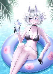 1girl absurdres artist_name axolotl axolotl_girl breasts cocktail dragon_girl dragon_horns grey_hair highres horns looking_at_viewer moovalandi ocean original palm_tree scales short_hair swim_ring swimming swimsuit tree virtual_youtuber