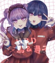 black_bow black_hairband black_headband blush bow brother_and_sister eyelashes hair_between_eyes hair_bow hairband hand_up happy_birthday headband hug long_sleeves matching_hair/eyes open_mouth pink_eyes pink_hair purple_hair red_shirt red_skirt shirt siblings simple_background skirt smile the_hundred_line_-last_defense_academy- tongue tsukumo_ima tsukumo_kako twins upper_body v white_background