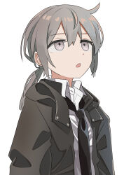 Rule 34 | 1girl, absurdres, black jacket, black necktie, collared shirt, commentary, girls&#039; frontline, grey eyes, grey hair, haida katsuretsu, highres, jacket, long hair, looking up, m200 (girls&#039; frontline), necktie, open clothes, open jacket, open mouth, shirt, simple background, solo, upper body, white background, white shirt