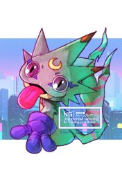 crescent digimon digimon_(creature) full_body gekkomon gloves highres igutarou_x lizard_tail looking_at_viewer purple_gloves sitting tail tongue tongue_out