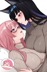2girls absurdres alternate_costume animal_ear_fluff animal_ears arnkun black-framed_eyewear black_hair blanket blunt_bangs blush breasts breasts_squeezed_together closed_eyes closed_mouth colored_inner_hair drooling eyeshadow fox_ears fox_girl glasses grey_sweater hair_between_eyes half-closed_eyes highres hoshimi_miyabi large_breasts long_hair long_sleeves looking_at_another looking_down looking_up lying makeup multicolored_hair multiple_girls on_back on_bed open_mouth pillow pink_hair pink_lips purple_eyes purple_eyeshadow purple_hair red_eyes semi-rimless_eyewear sidelocks simple_background sleeping smile speech_bubble sweater teeth thought_bubble tsukishiro_yanagi turtleneck turtleneck_sweater white_background yuri zenless_zone_zero