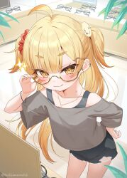 1girl :3 adjusting_eyewear ahoge bare_shoulders black-framed_eyewear black_shorts blonde_hair brown-framed_eyewear brown_eyes closed_mouth commentary_request denim denim_shorts fang fang_out grey_shirt hand_up highres indoors long_hair looking_at_viewer off-shoulder_shirt off_shoulder original semi-rimless_eyewear shirt short_eyebrows short_shorts shorts solo standing thick_eyebrows torn_clothes torn_shorts tsukiman two_side_up under-rim_eyewear unworn_eyewear very_long_hair